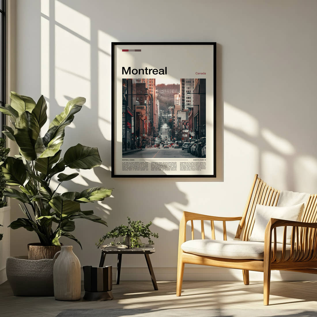 Montreal Busy City Street Travel Print framed on a pale wall beside houseplants