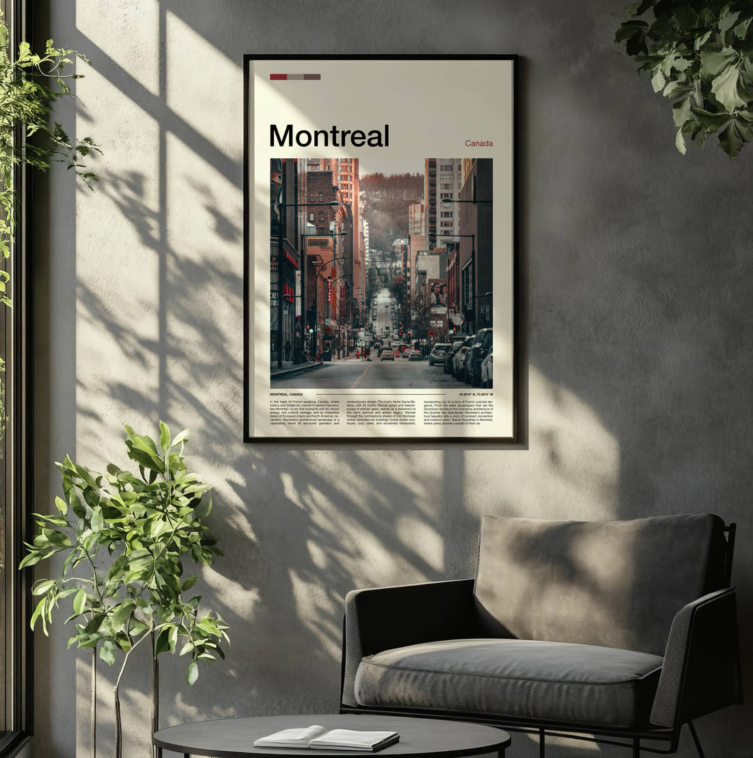 Montreal Busy City Street Travel Print framed on the wall of a relaxed living room
