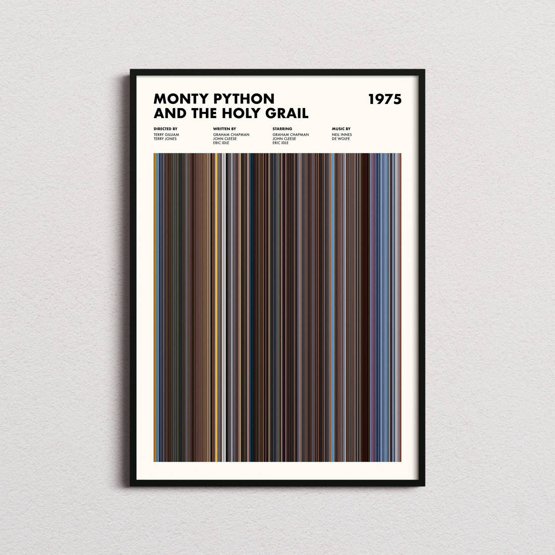 Monty Python and the Holy Grail Movie Barcode Poster framed on a plain studio wall