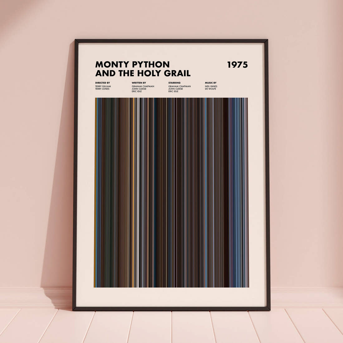 Monty Python and the Holy Grail Movie Barcode Poster framed and leaning against a coloured wall