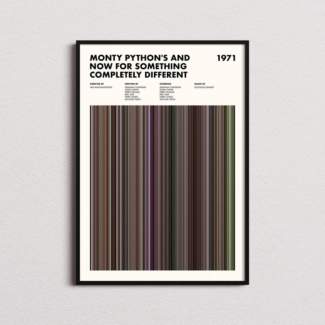 Monty Python's And Now for Something Completely Different Movie Barcode Poster framed on a plain studio wall
