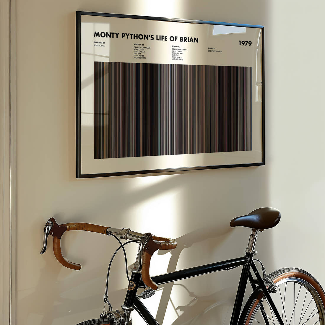 Monty Python's Life of Brian Movie Barcode Poster framed on the wall of a styled room setting