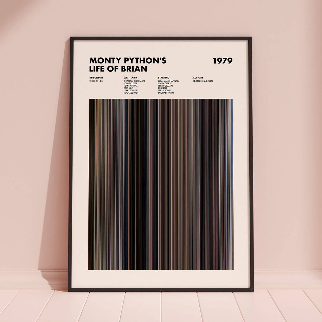 Monty Python's Life of Brian Movie Barcode Poster framed and leaning against a coloured wall