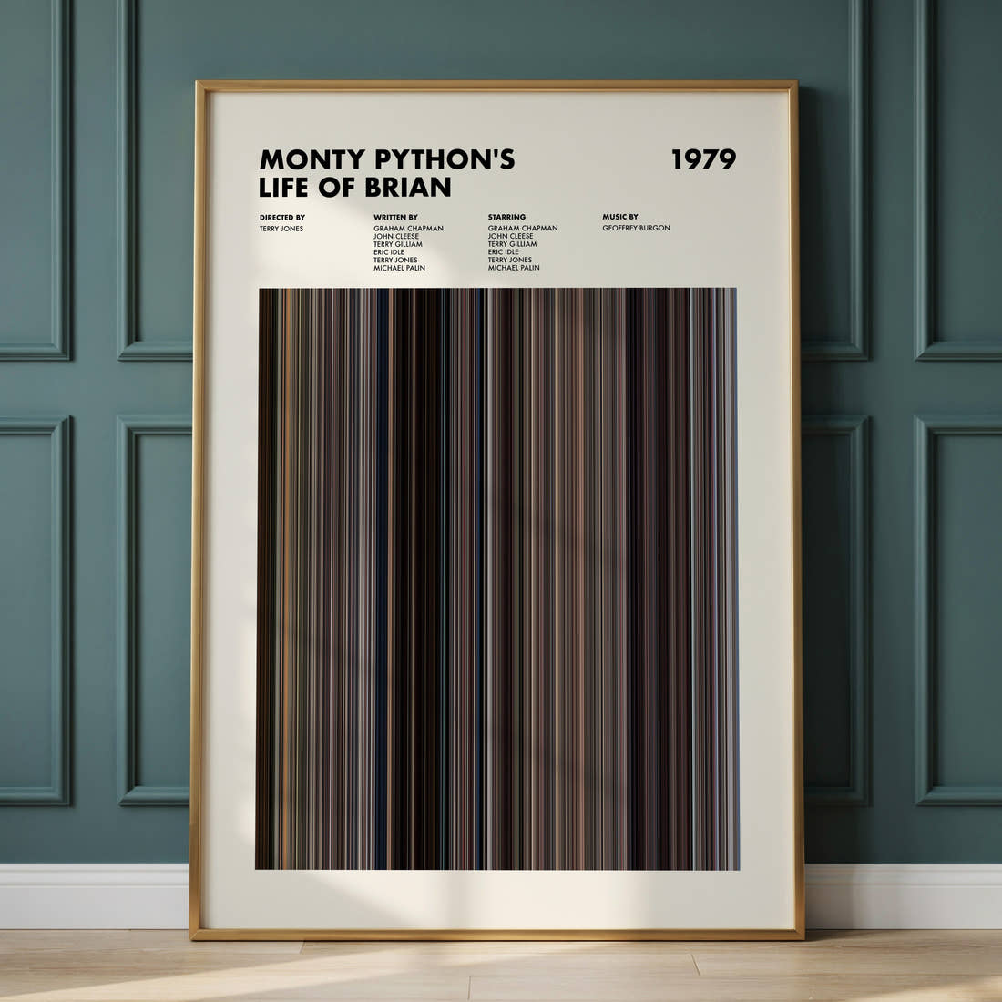 Monty Python's Life of Brian Movie Barcode Poster framed and leaning against a panelled wall