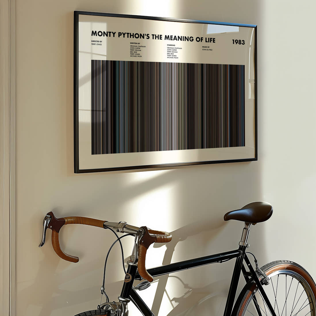 Monty Python's The Meaning of Life Movie Barcode Poster framed on the wall of a styled room setting