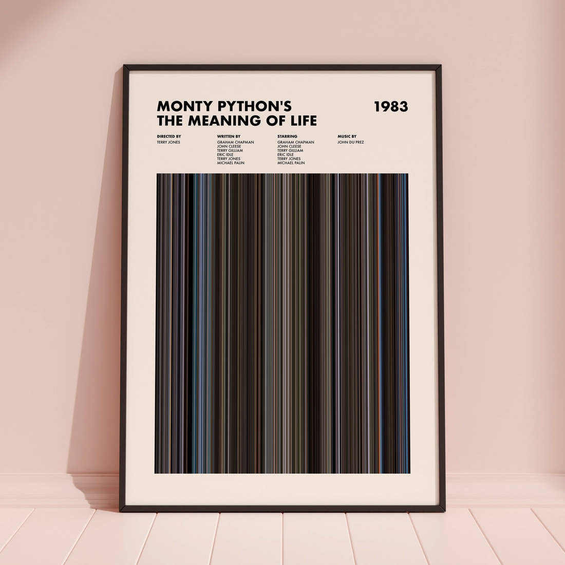 Monty Python's The Meaning of Life Movie Barcode Poster framed and leaning against a coloured wall
