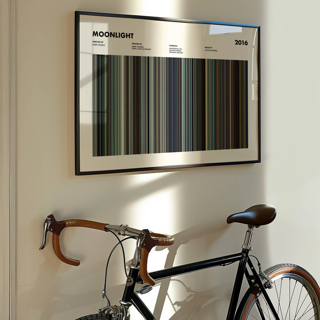 Moonlight Movie Barcode Poster framed on the wall of a styled room setting