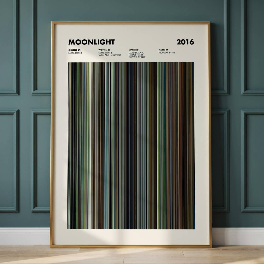 Moonlight Movie Barcode Poster framed and leaning against a panelled wall