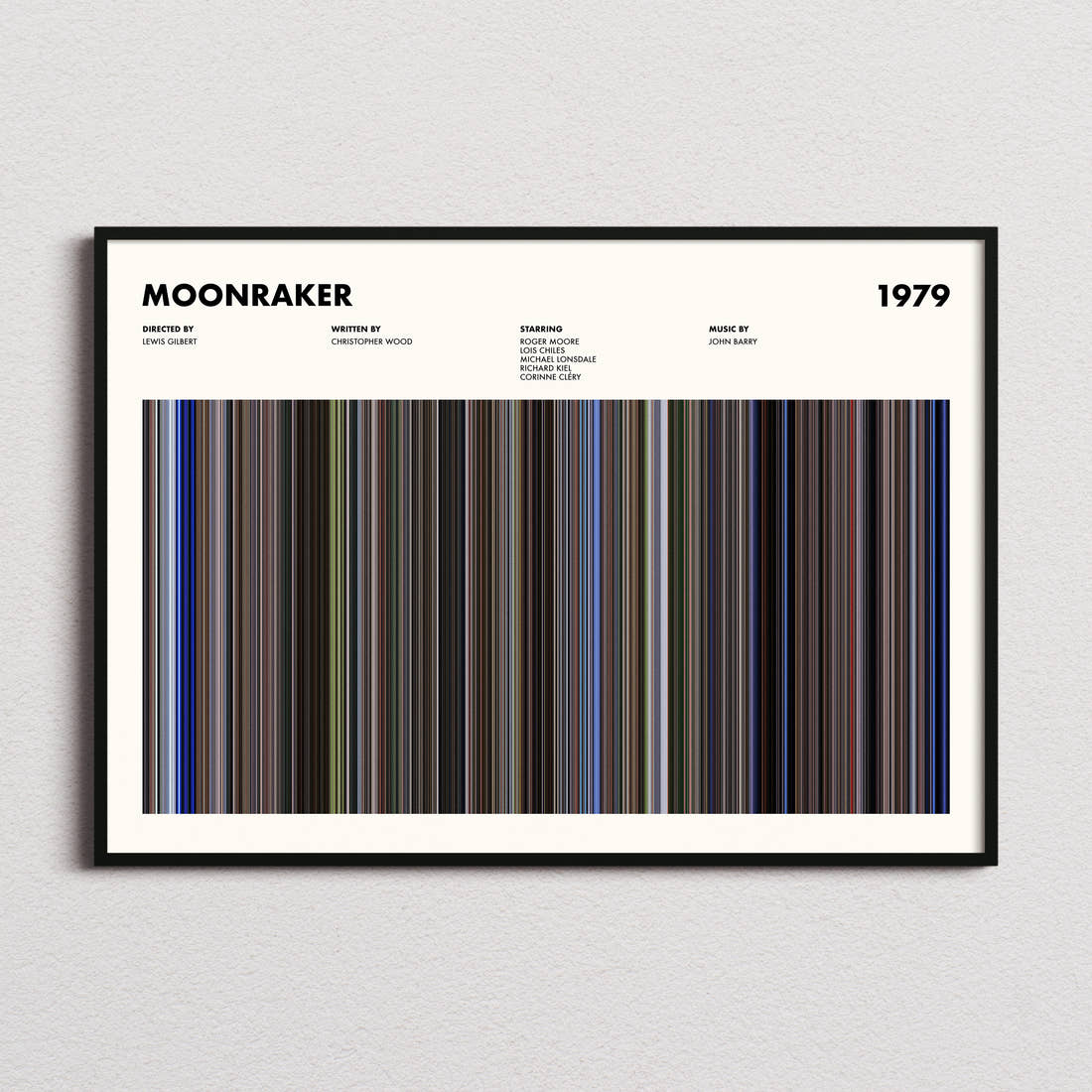 Moonraker Movie Barcode Poster framed and photographed straight on