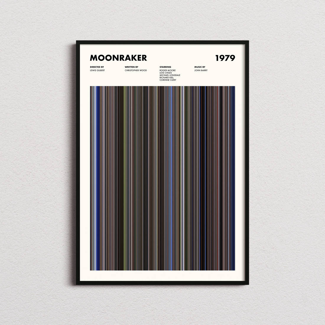 Moonraker Movie Barcode Poster framed on a plain studio wall