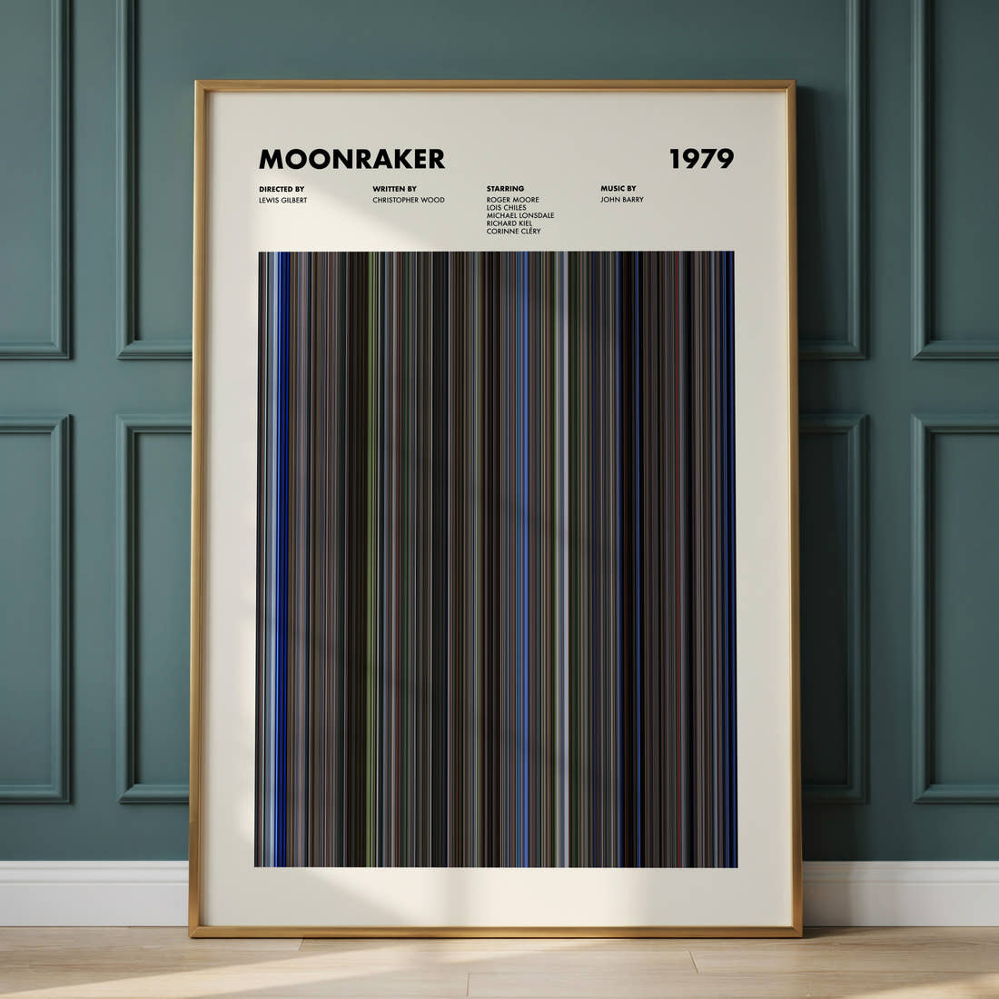 Moonraker Movie Barcode Poster framed and leaning against a panelled wall