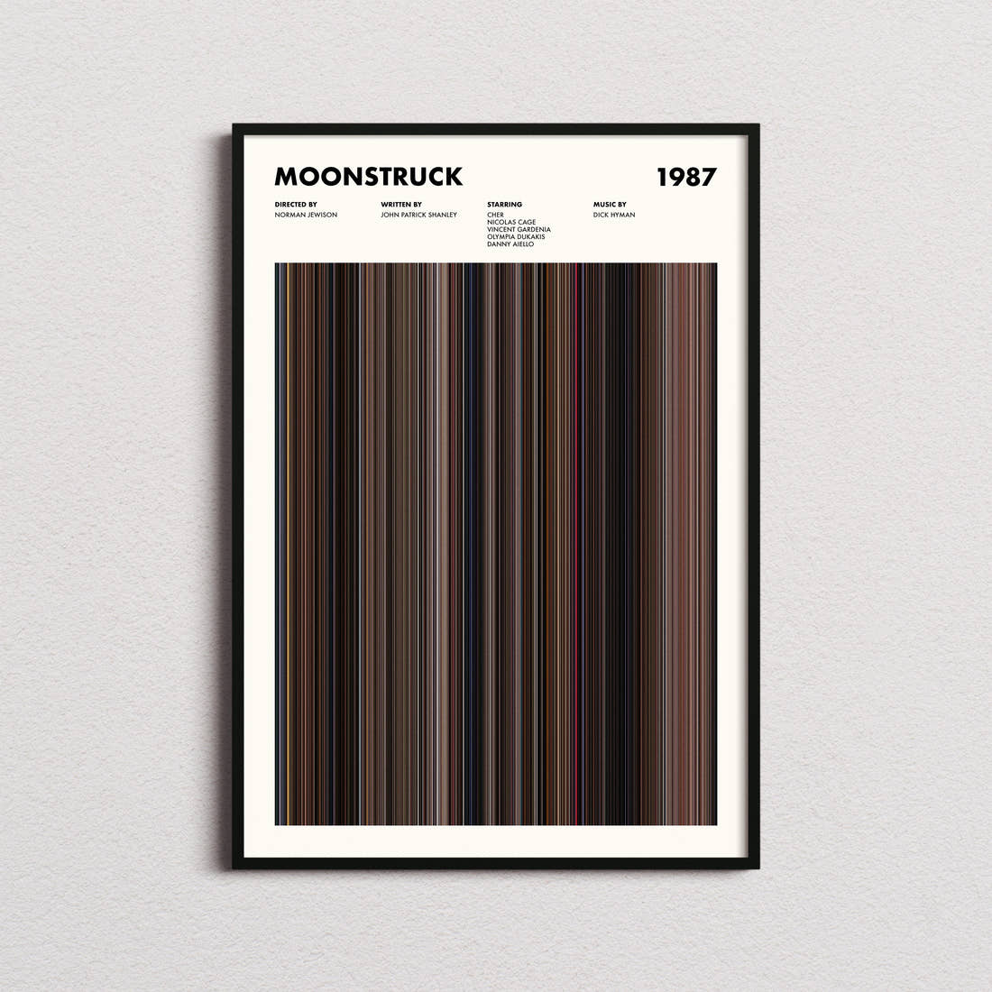 Moonstruck Movie Barcode Poster framed on a plain studio wall