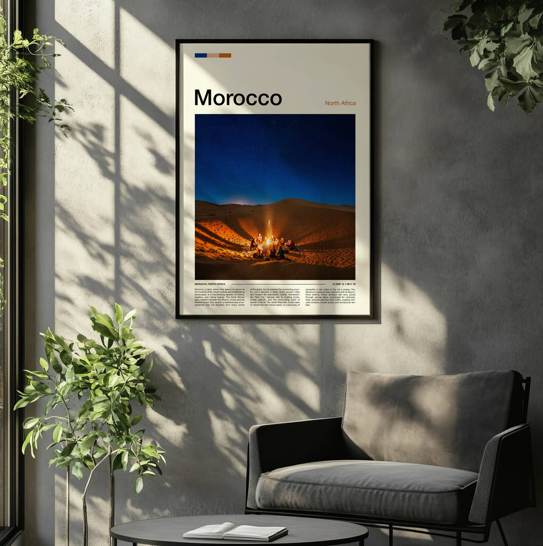 Morocco Desert Campfire Travel Print framed on the wall of a relaxed living room