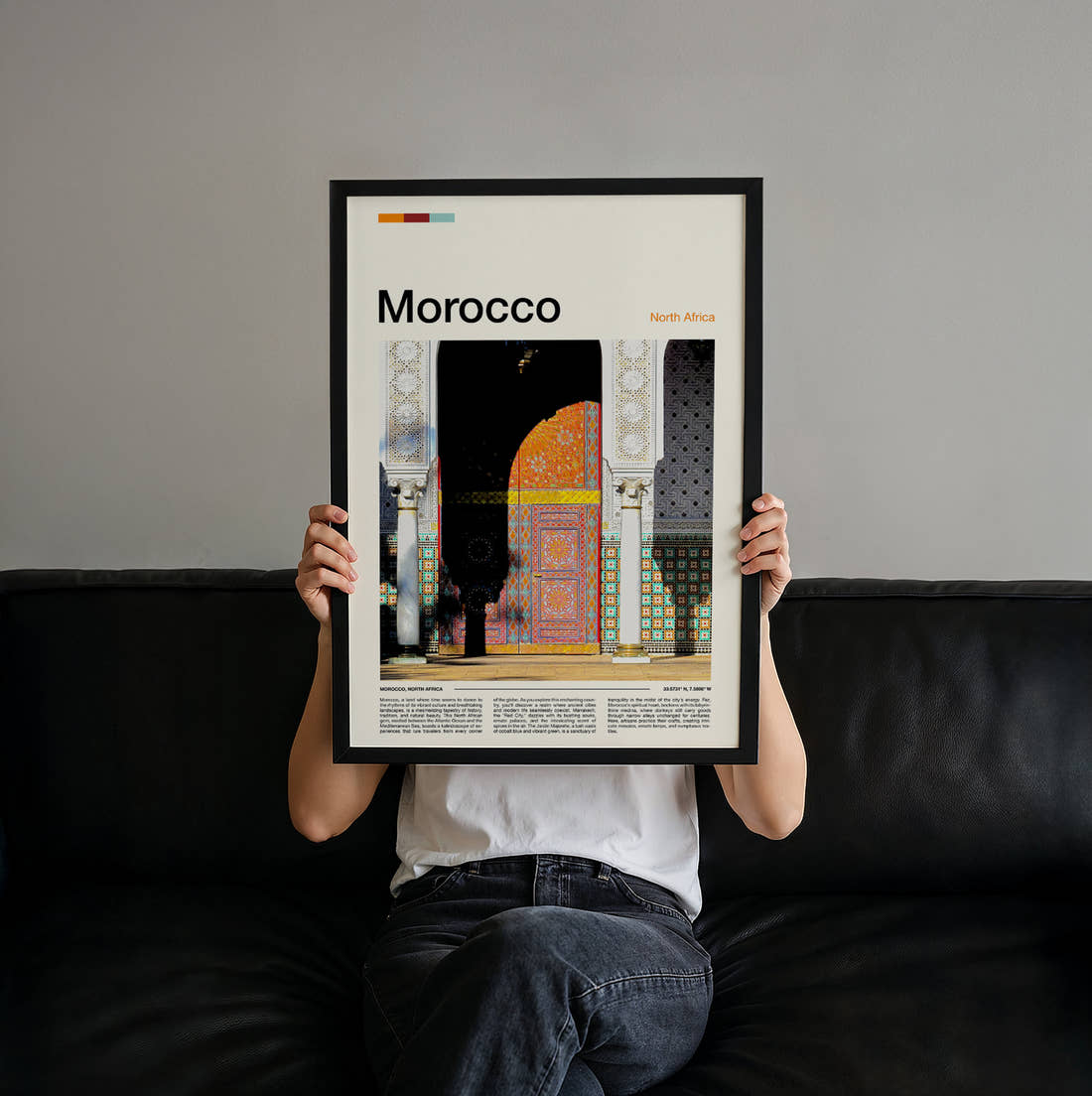 Morocco Colourful Doorway Travel Print held up by hand to show the size of the print