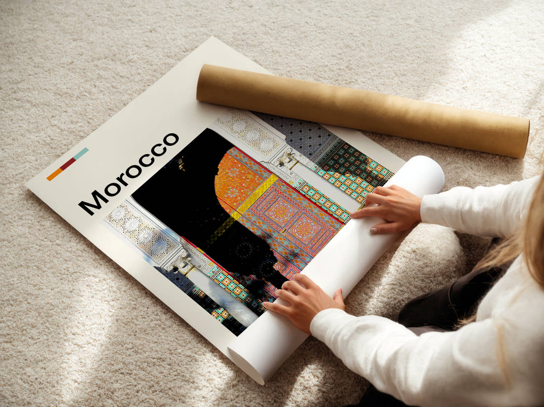 Morocco Colourful Doorway Travel Print being unrolled from its postal tube