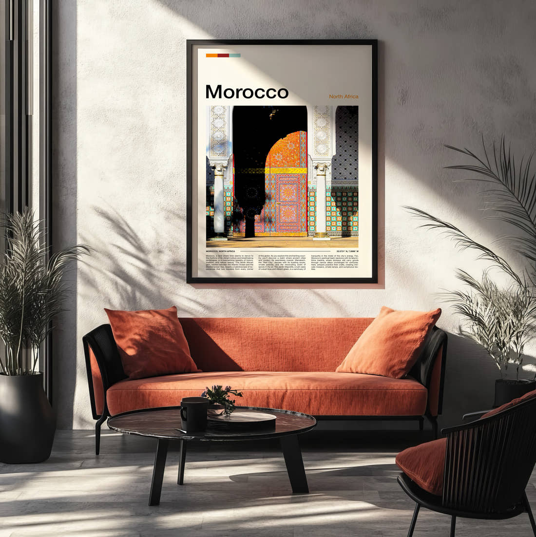 Morocco Colourful Doorway Travel Print framed on the wall of a modern living room