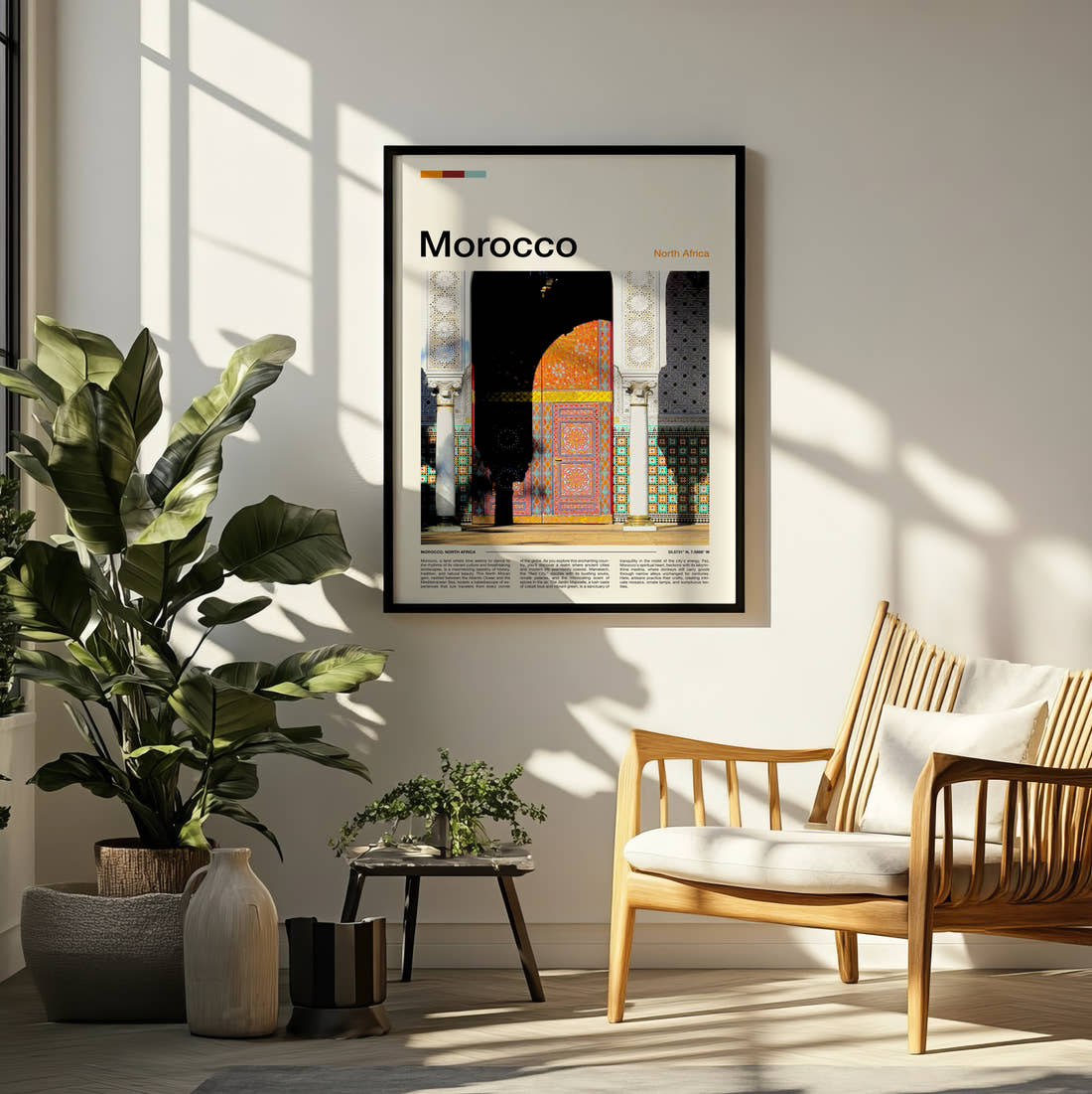Morocco Colourful Doorway Travel Print framed on a pale wall beside houseplants