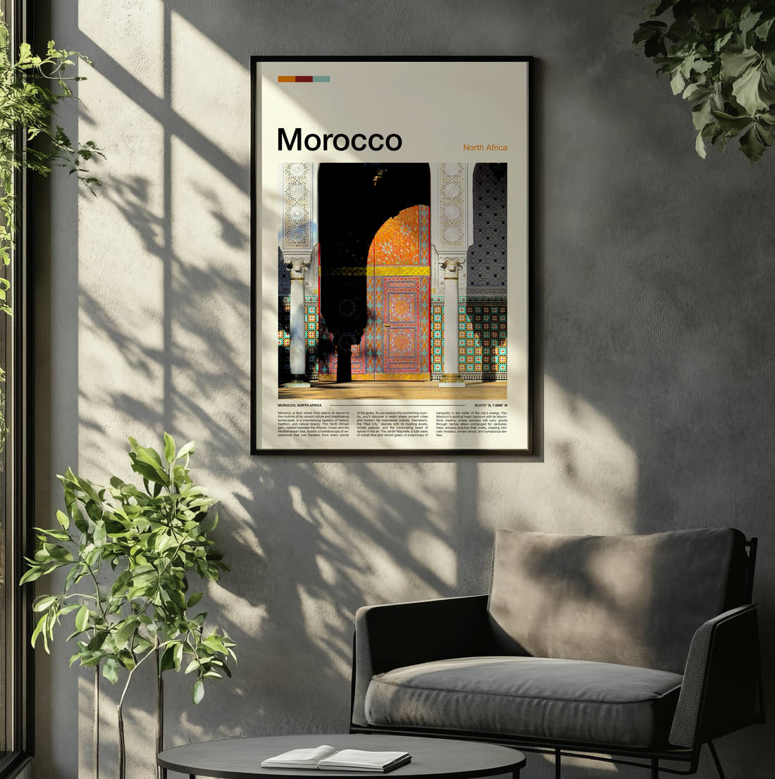 Morocco Colourful Doorway Travel Print framed on the wall of a relaxed living room