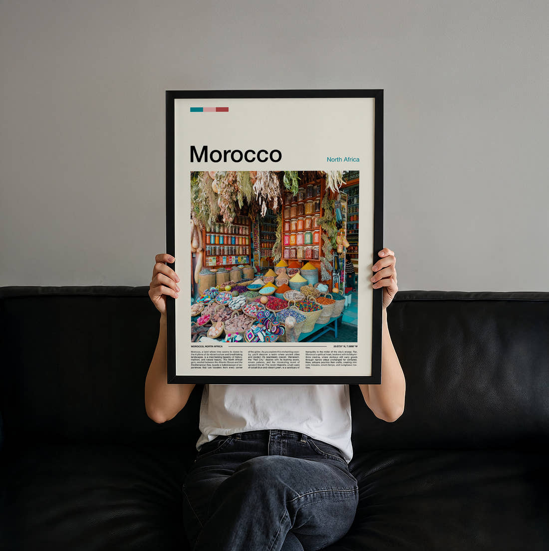 Morocco Spice Market Stall Travel Print held up by hand to show the size of the print