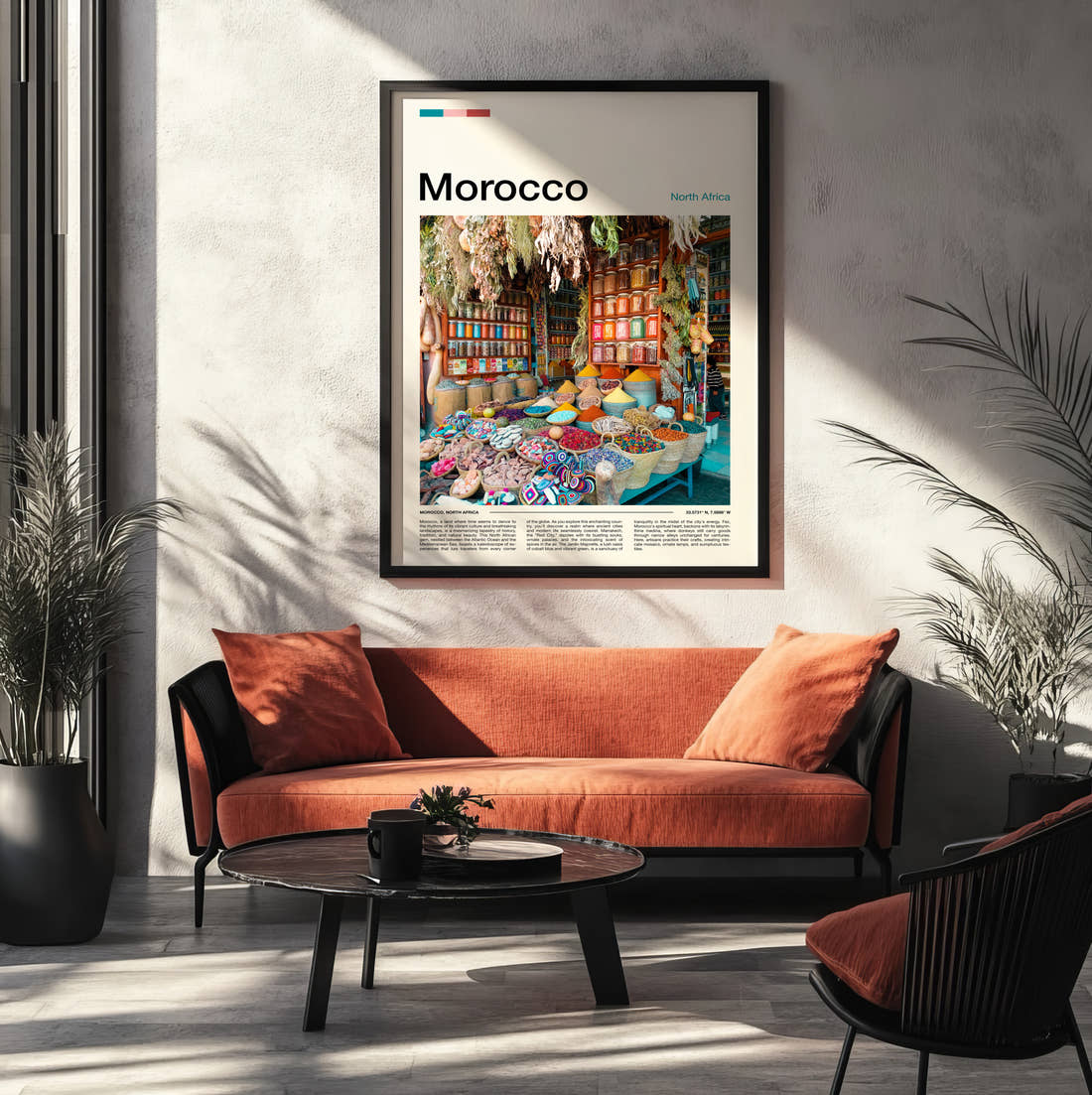 Morocco Spice Market Stall Travel Print framed on the wall of a modern living room