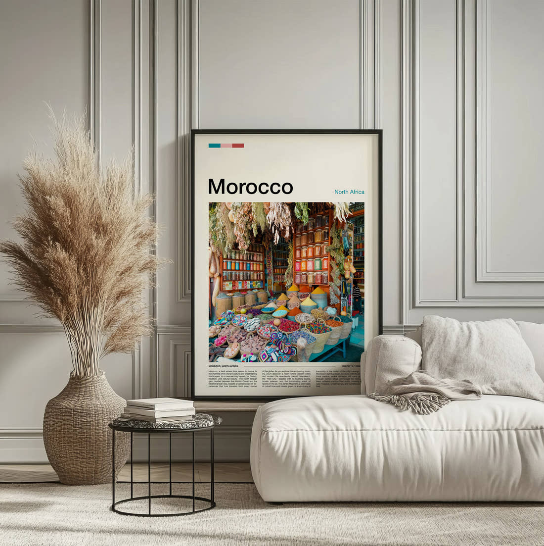 Morocco Spice Market Stall Travel Print framed on the wall of a calm, neutral bedroom