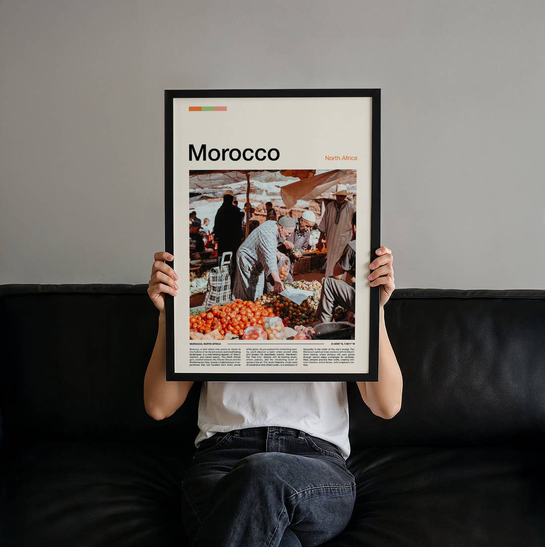 Morocco Market Traders Travel Print held up by hand to show the size of the print
