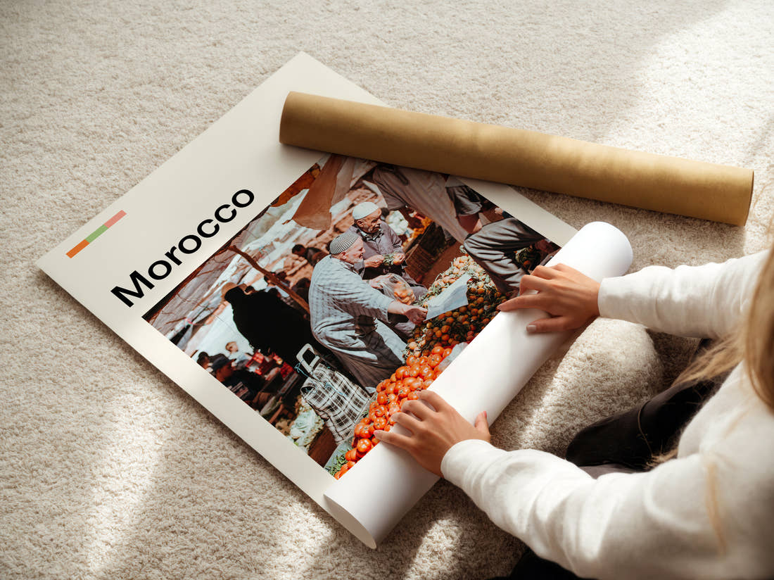 Morocco Market Traders Travel Print being unrolled from its postal tube