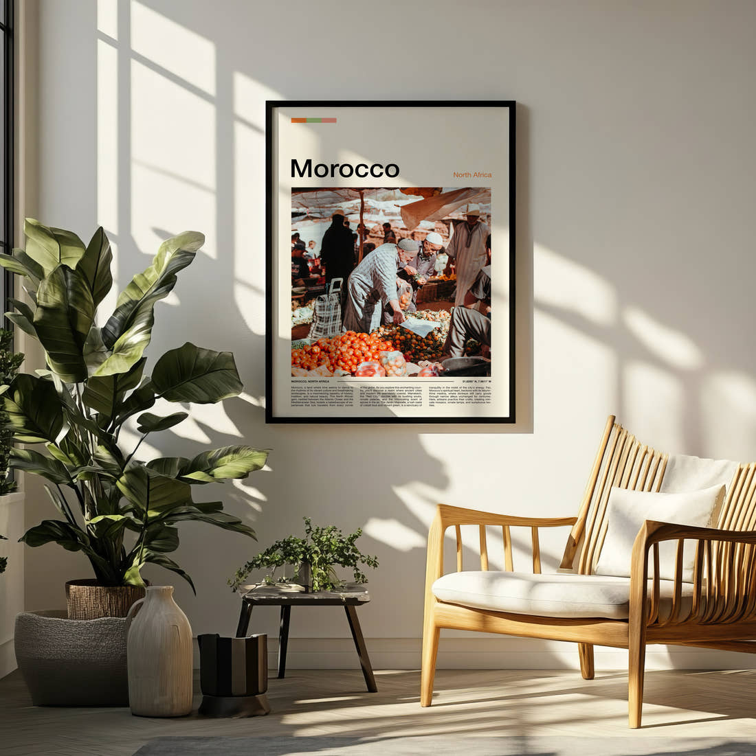 Morocco Market Traders Travel Print framed on a pale wall beside houseplants