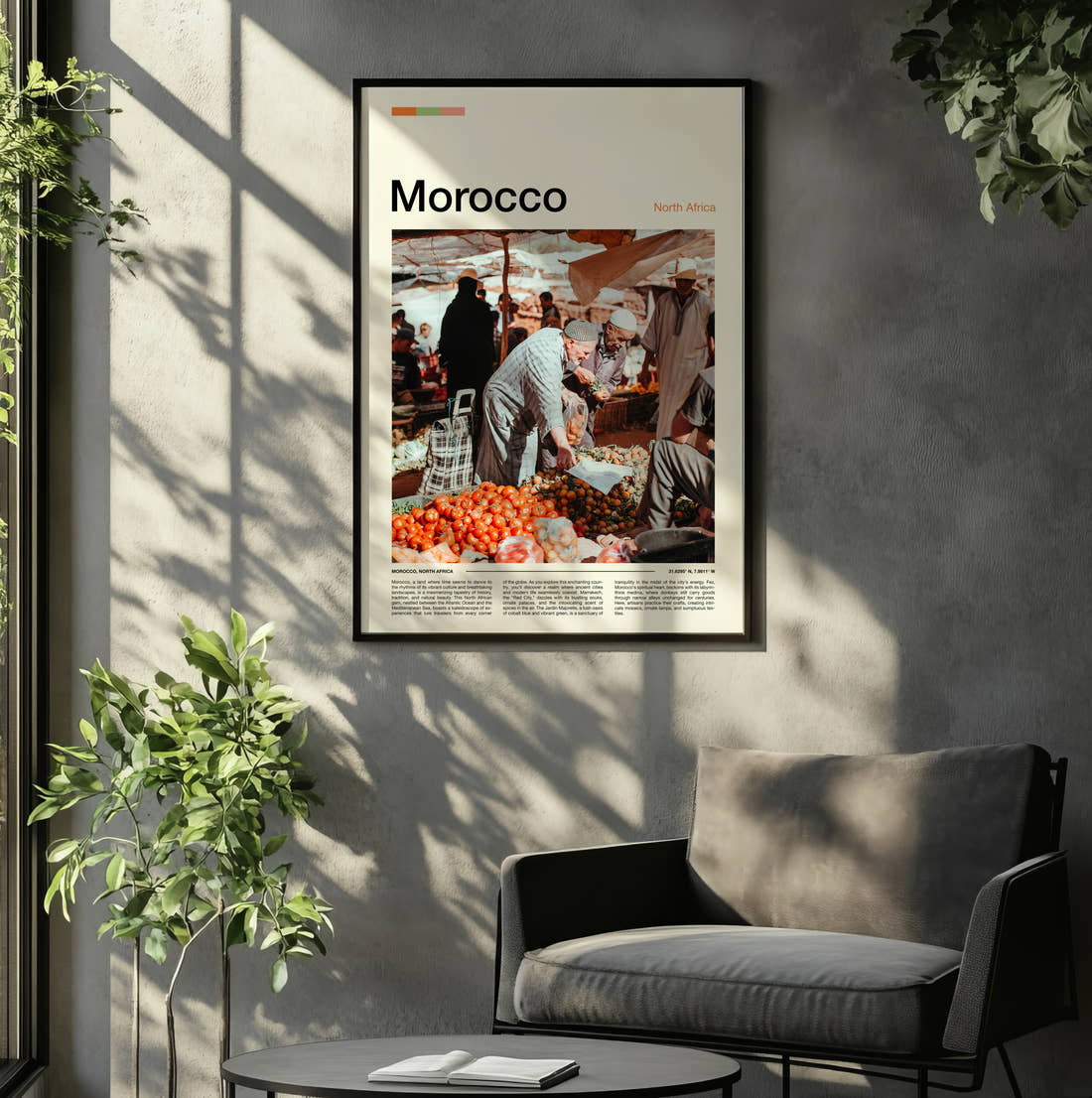 Morocco Market Traders Travel Print framed on the wall of a relaxed living room