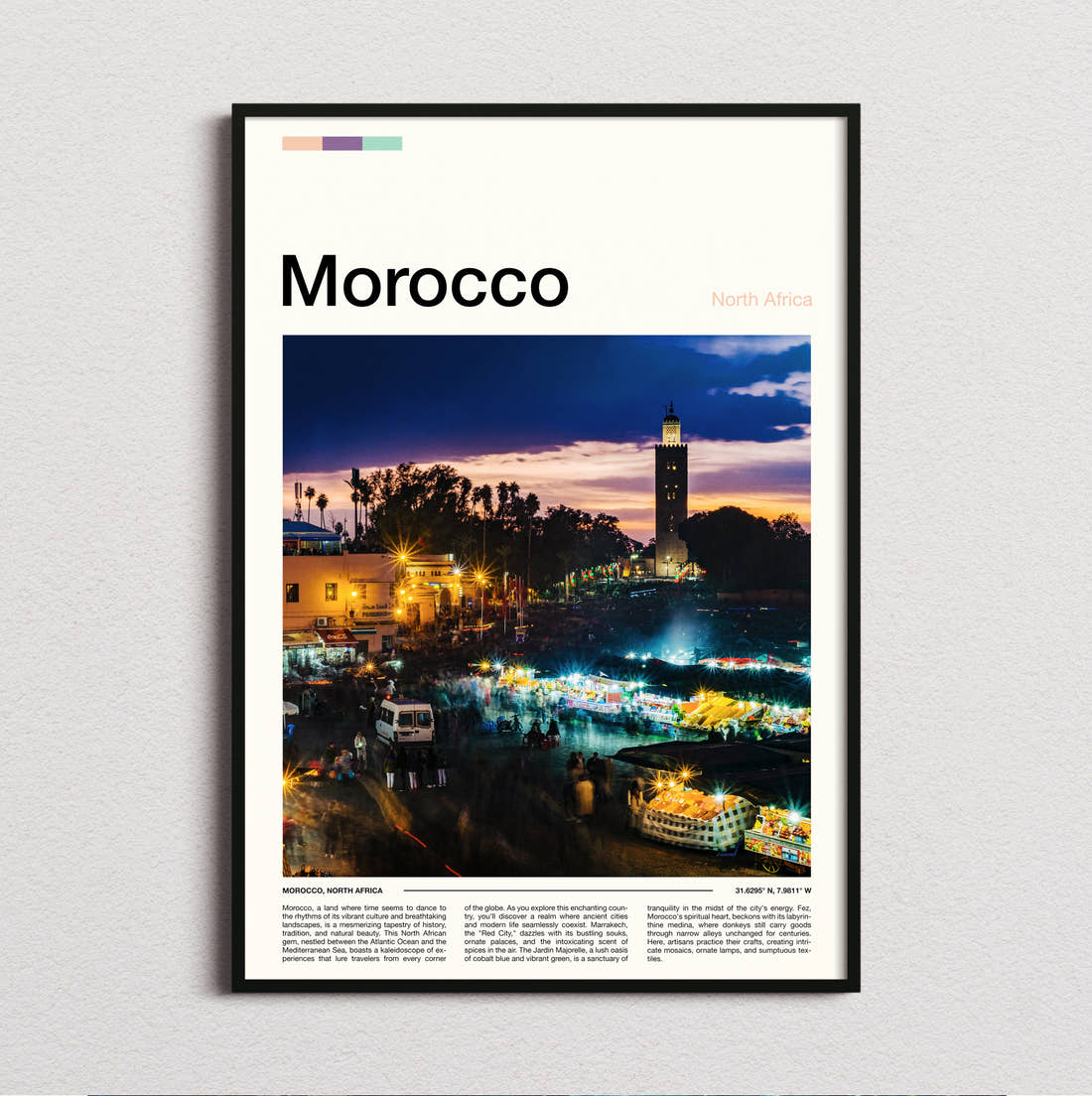 Morocco Night Market Travel Print framed and photographed straight on