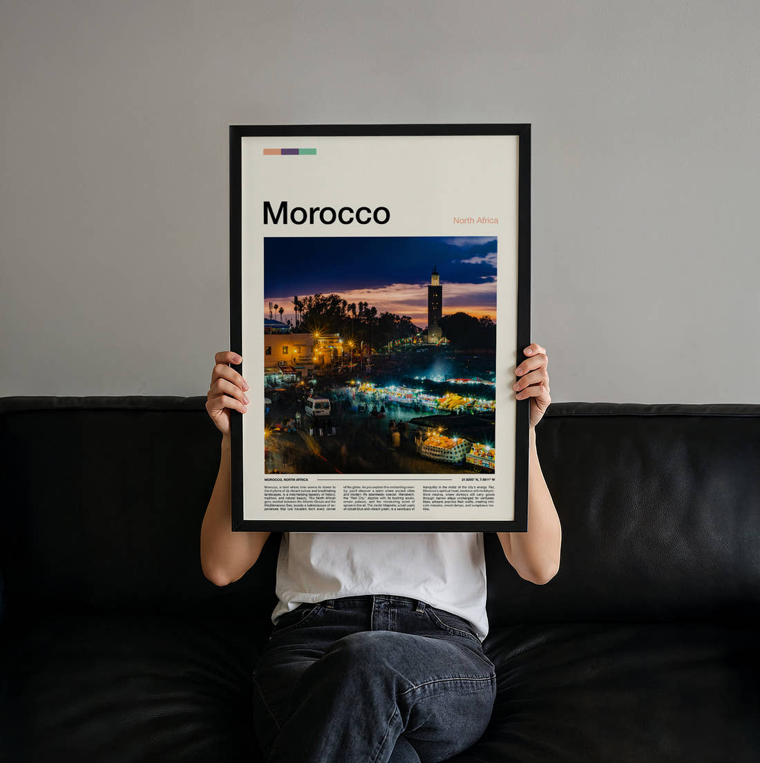 Morocco Night Market Travel Print held up by hand to show the size of the print