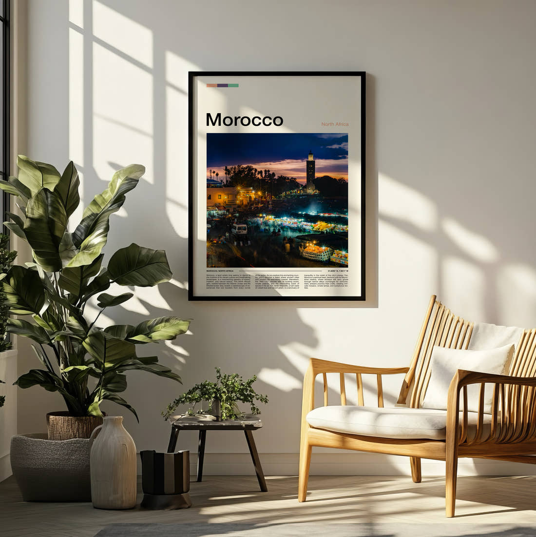 Morocco Night Market Travel Print framed on a pale wall beside houseplants