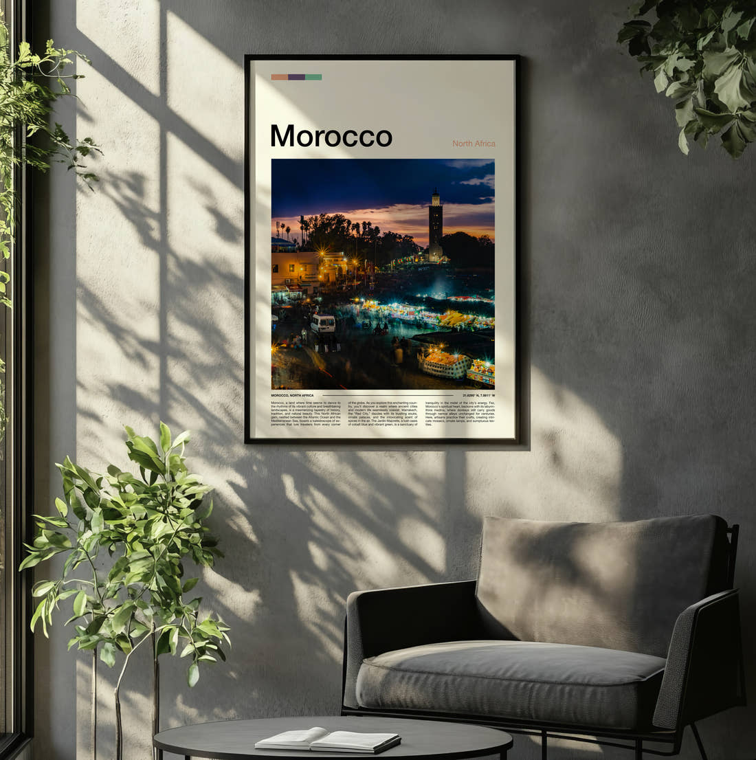 Morocco Night Market Travel Print framed on the wall of a relaxed living room