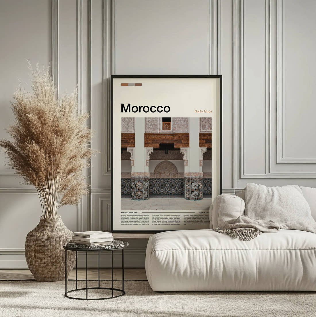 Morocco Tiled Archways Travel Print framed on the wall of a calm, neutral bedroom