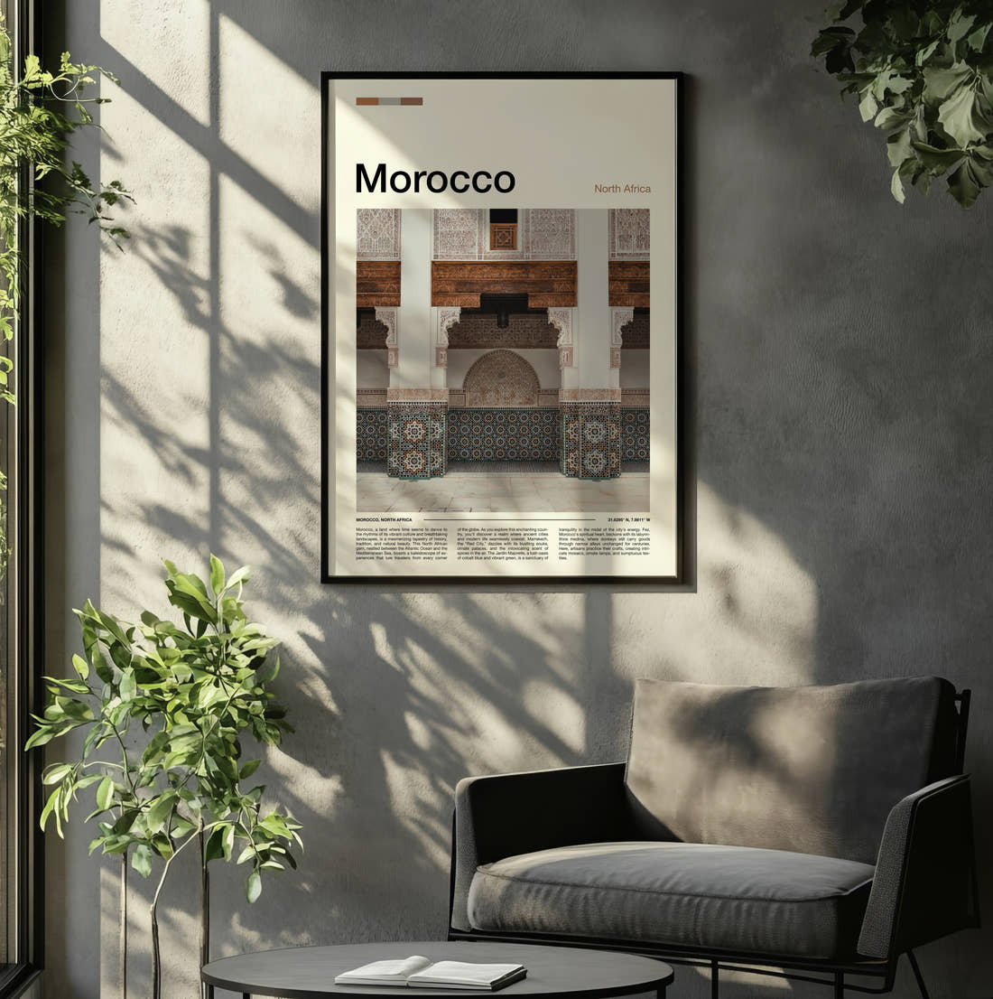 Morocco Tiled Archways Travel Print framed on the wall of a relaxed living room