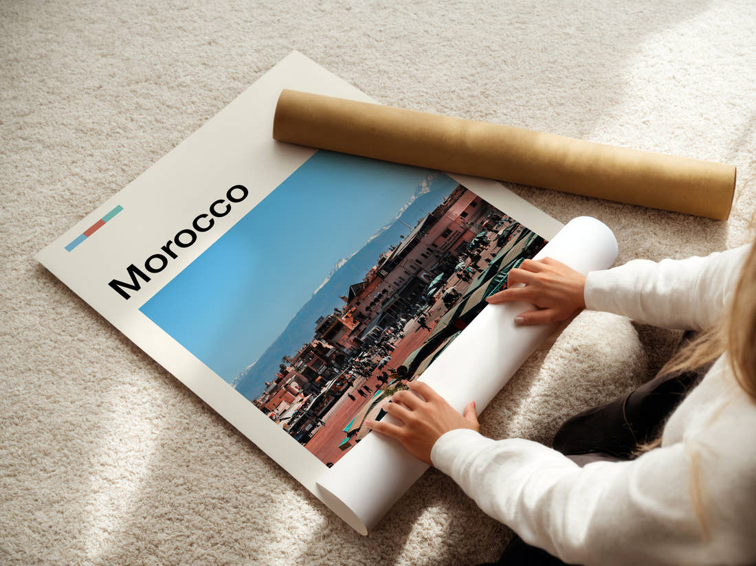 Morocco Market Square Travel Print being unrolled from its postal tube