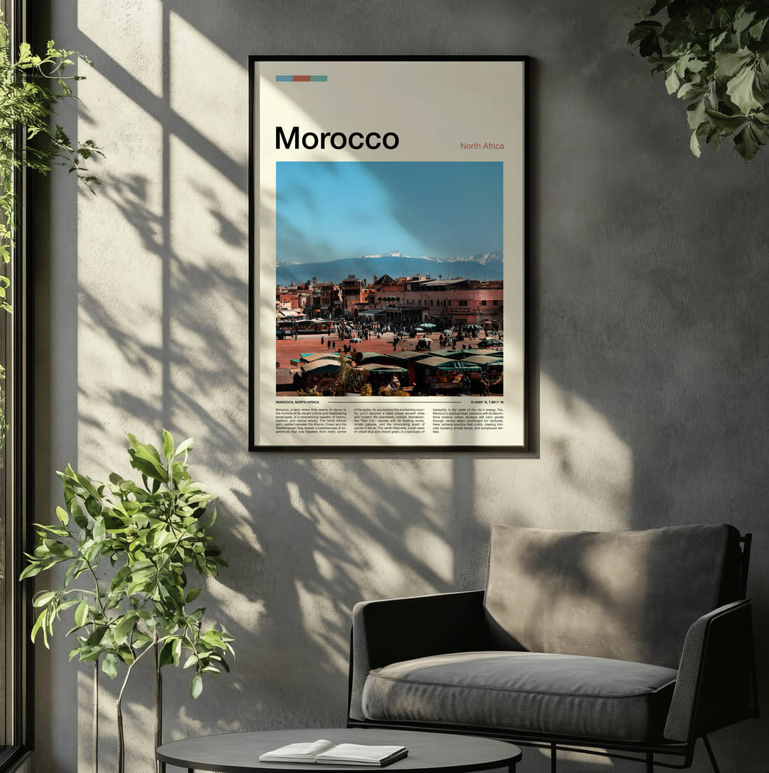 Morocco Market Square Travel Print framed on the wall of a relaxed living room