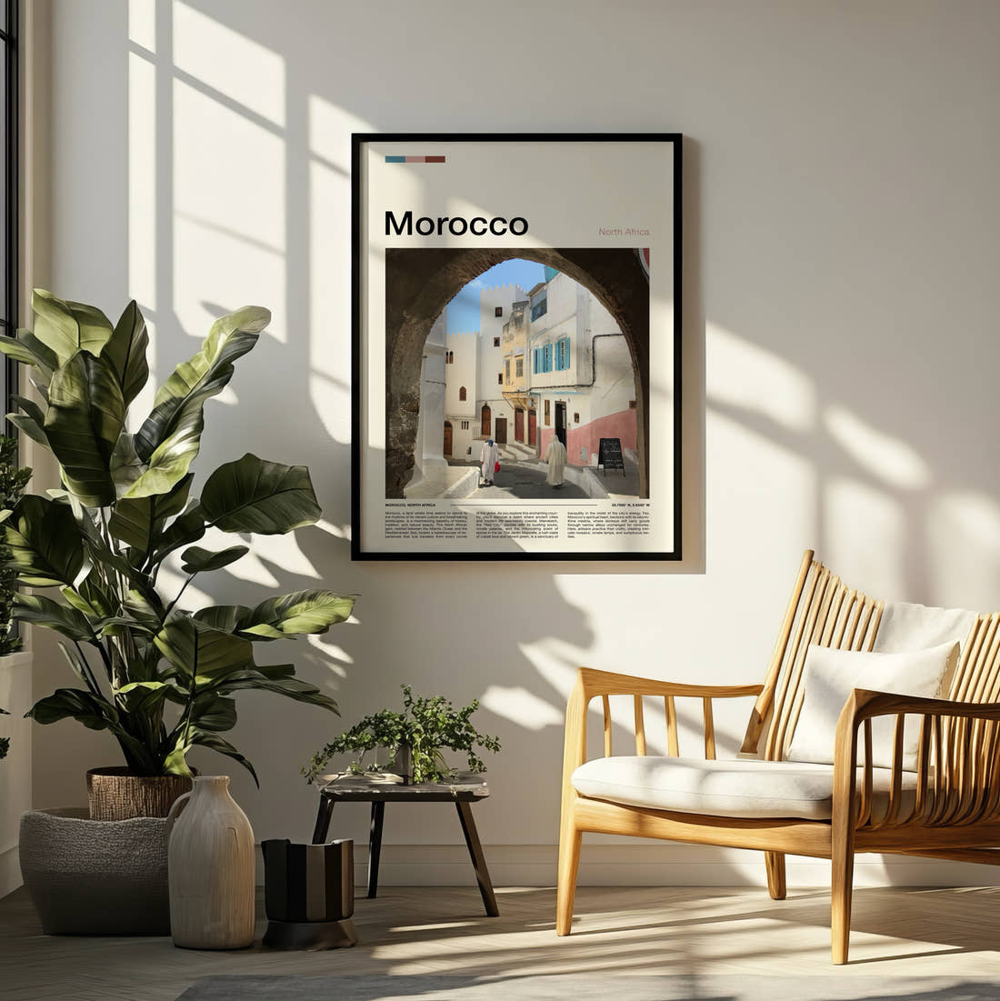 Morocco Whitewashed Archway Travel Print framed on a pale wall beside houseplants