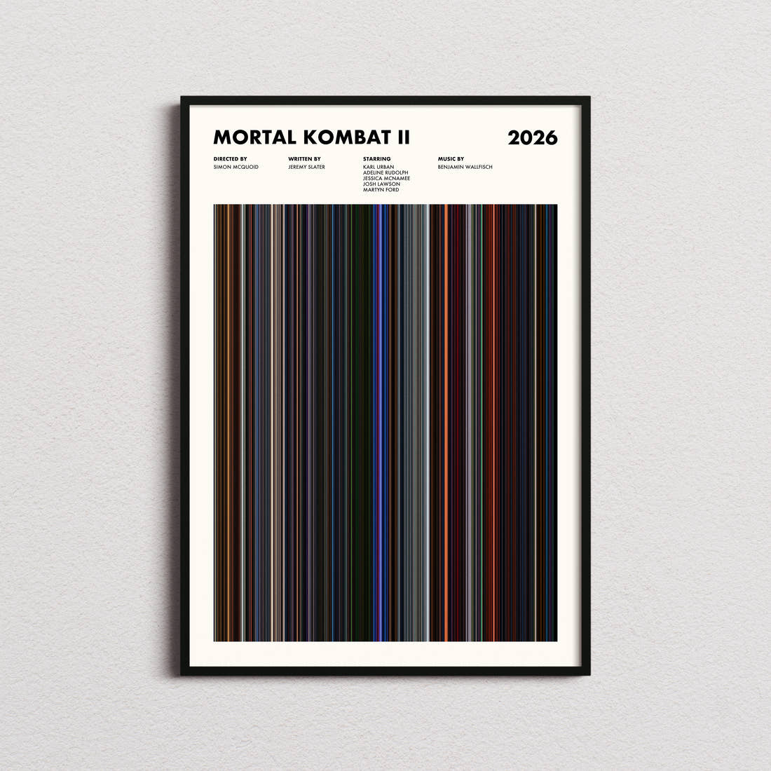 Mortal Kombat II Movie Barcode Poster framed on a plain studio wall
