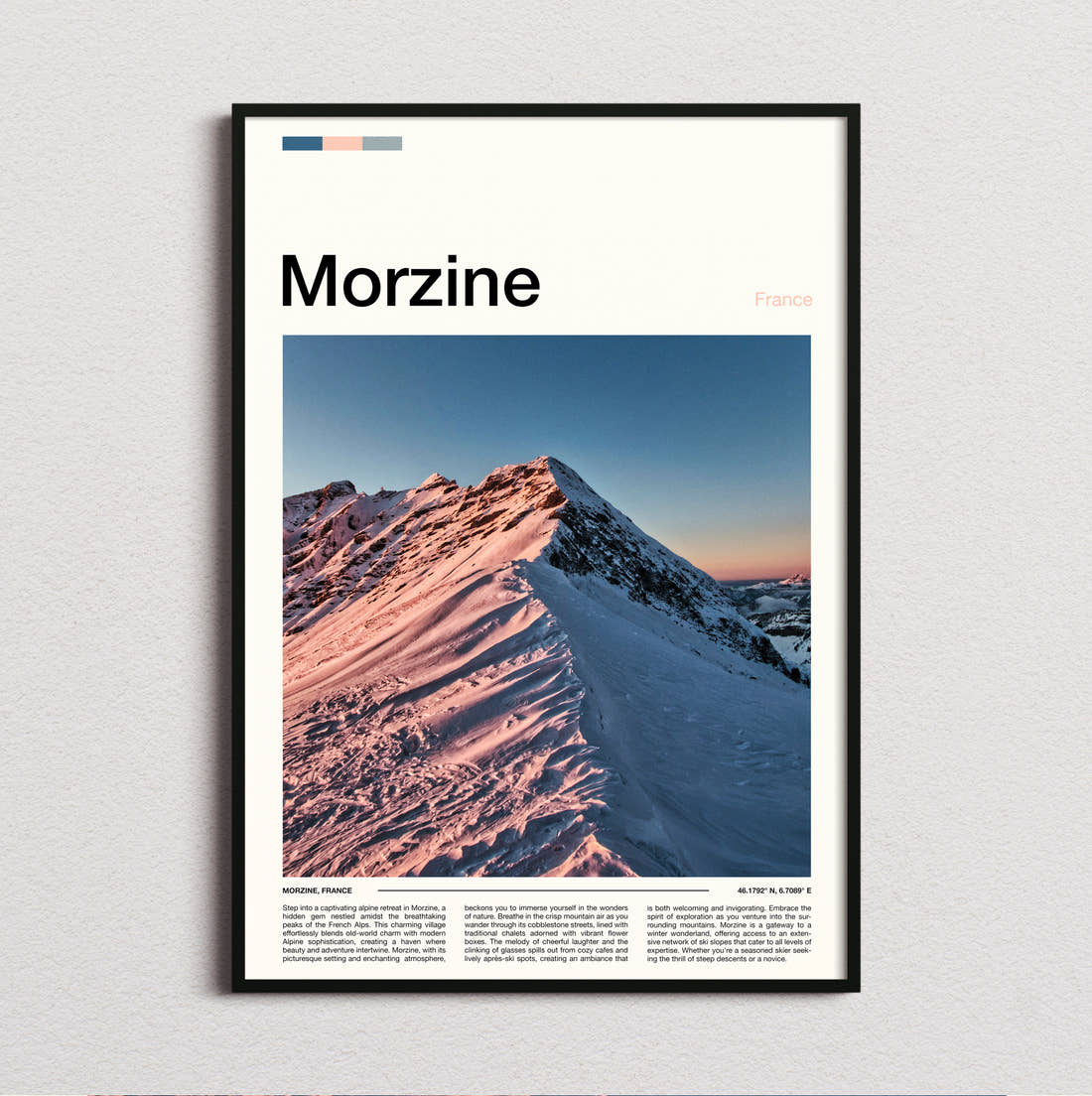 Morzine Snowy Ridge At Dawn Travel Print framed and photographed straight on