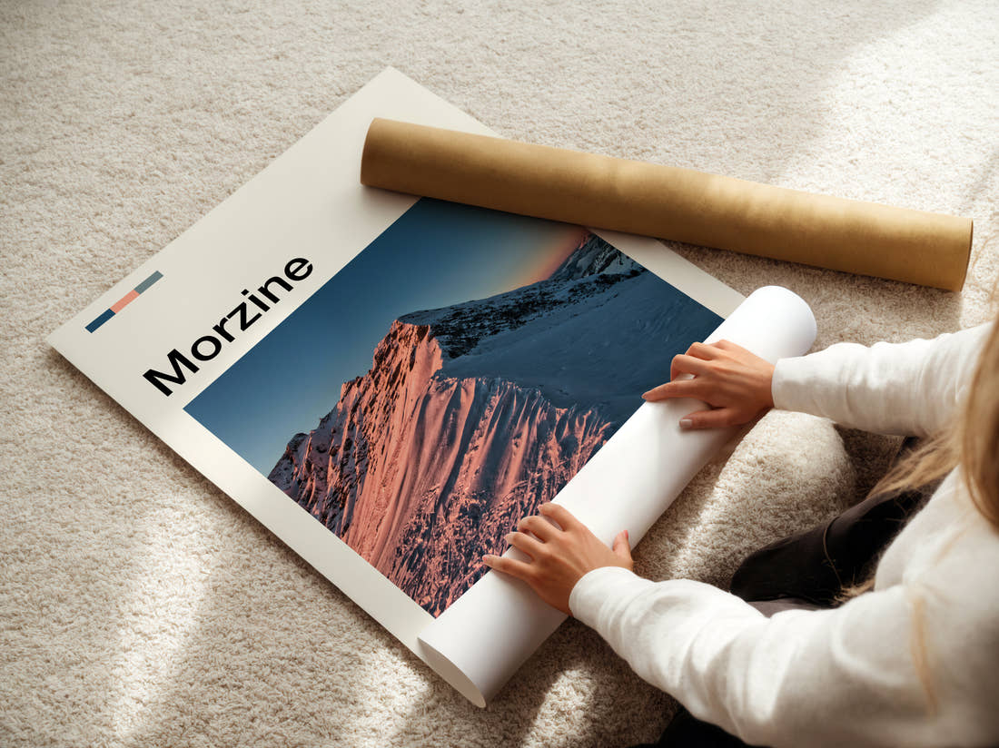 Morzine Snowy Ridge At Dawn Travel Print being unrolled from its postal tube
