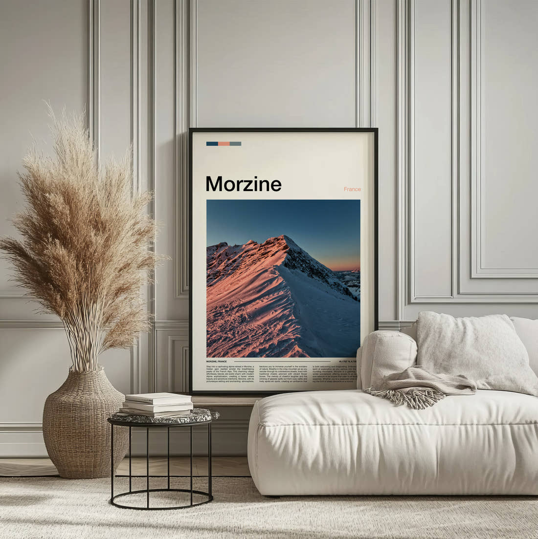 Morzine Snowy Ridge At Dawn Travel Print framed on the wall of a calm, neutral bedroom