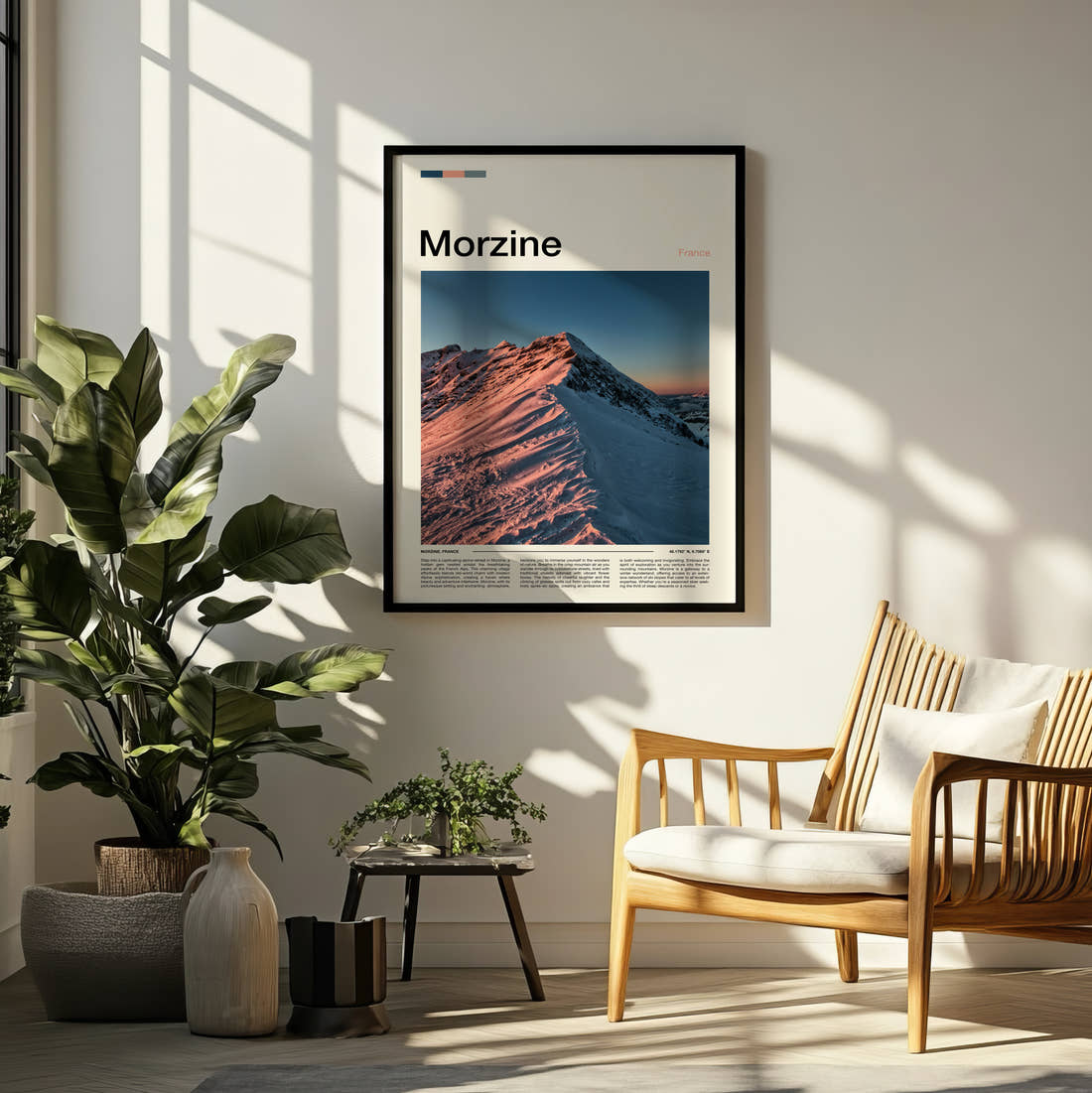 Morzine Snowy Ridge At Dawn Travel Print framed on a pale wall beside houseplants