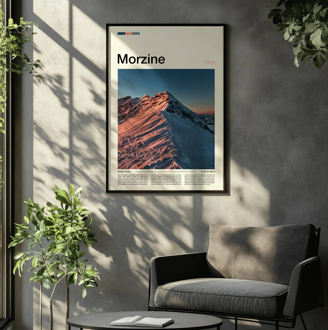 Morzine Snowy Ridge At Dawn Travel Print framed on the wall of a relaxed living room