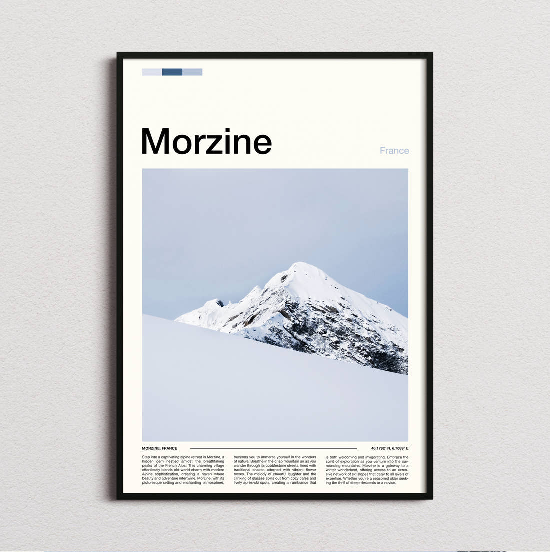 Morzine Snow Covered Peak Travel Print framed and photographed straight on