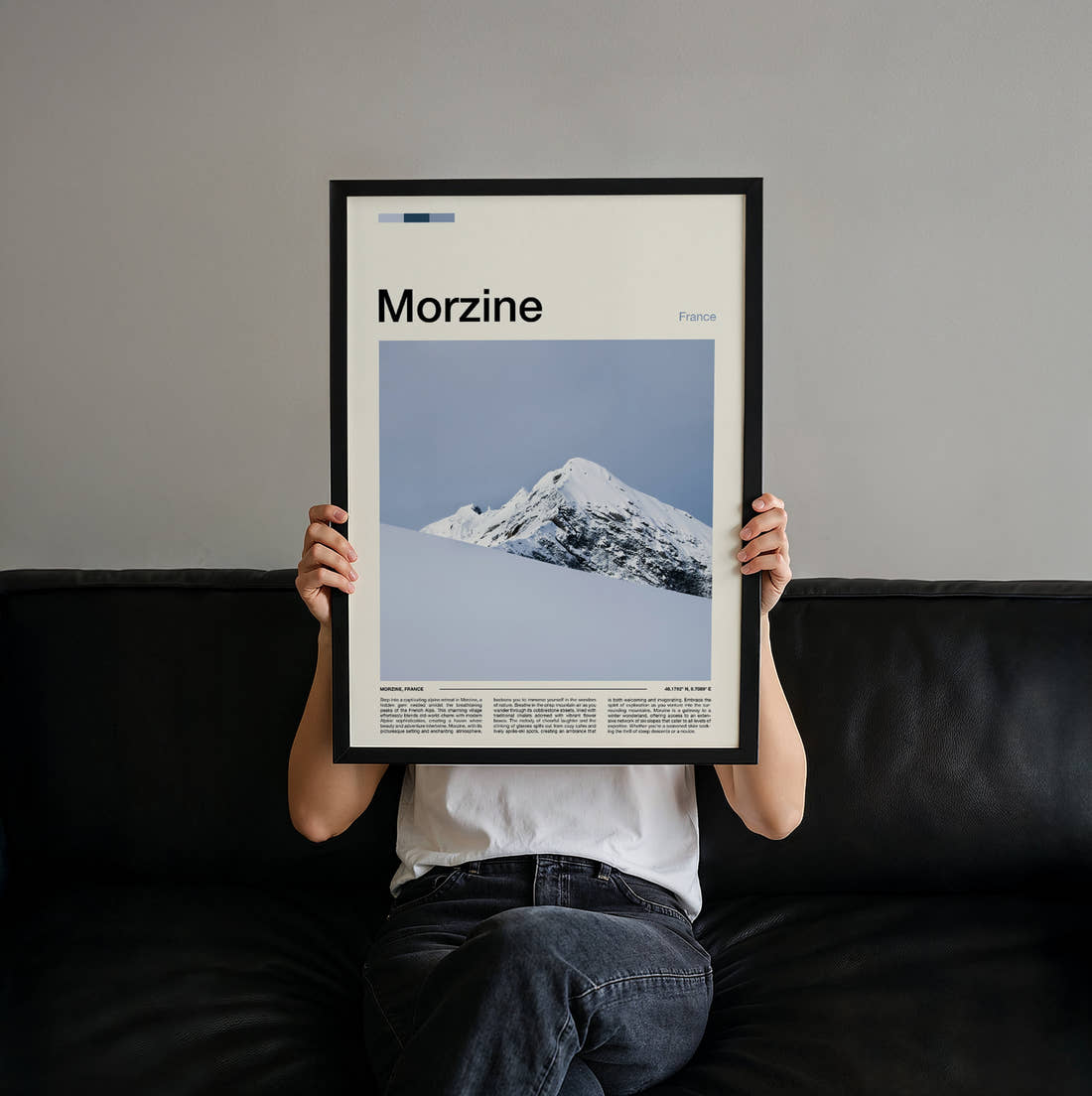 Morzine Snow Covered Peak Travel Print held up by hand to show the size of the print