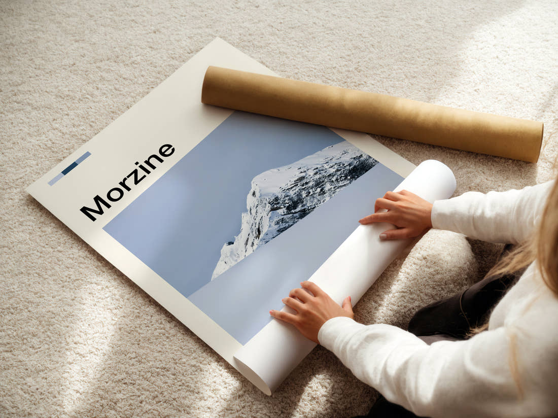 Morzine Snow Covered Peak Travel Print being unrolled from its postal tube