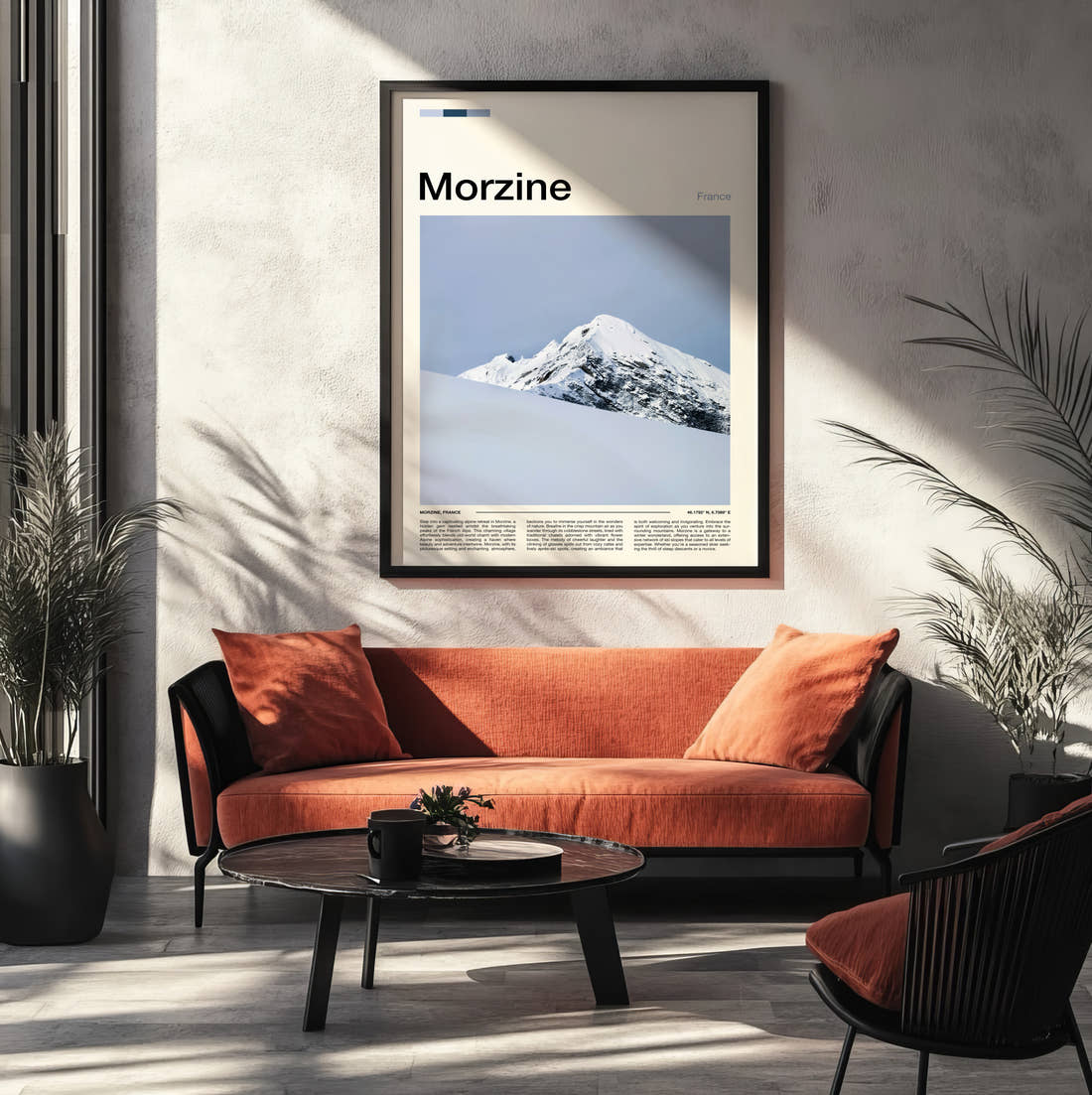 Morzine Snow Covered Peak Travel Print framed on the wall of a modern living room