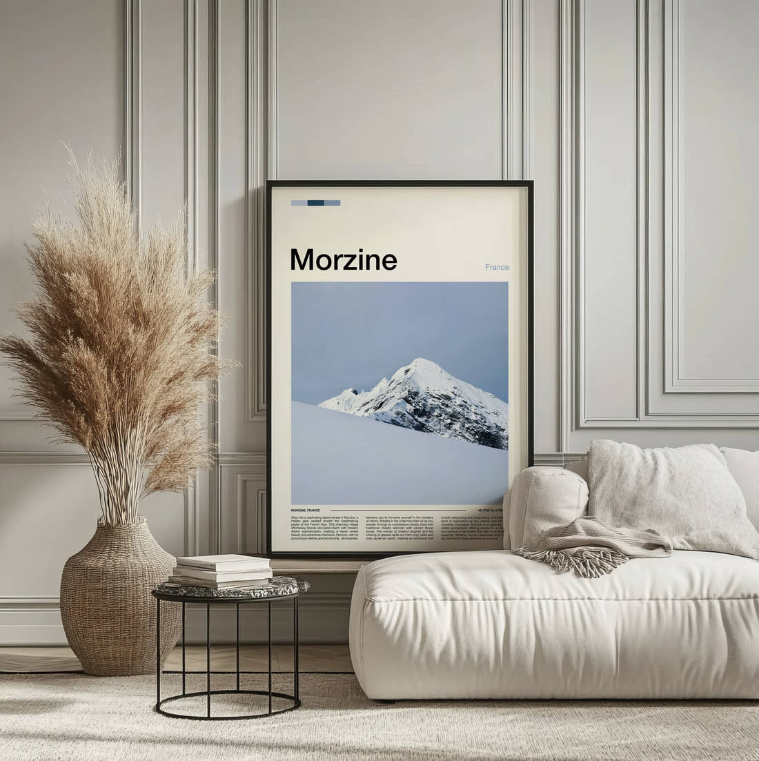 Morzine Snow Covered Peak Travel Print framed on the wall of a calm, neutral bedroom