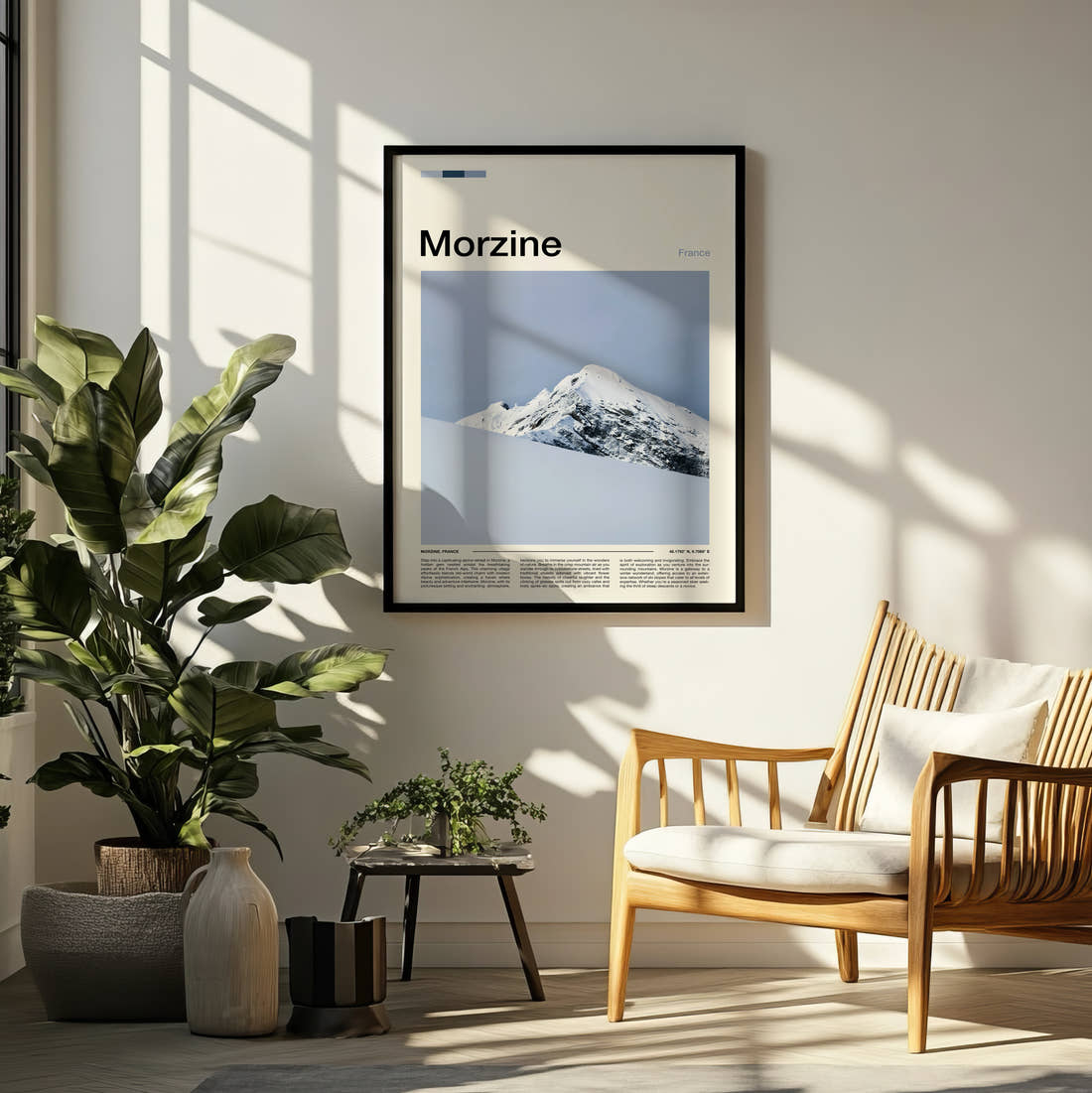 Morzine Snow Covered Peak Travel Print framed on a pale wall beside houseplants